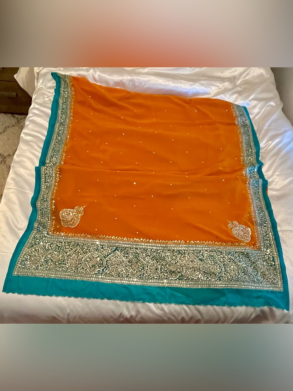 Embroidered Orange Saree with Teal Border - Women